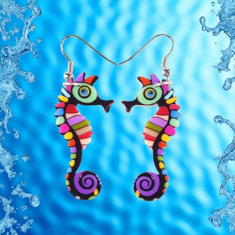 Cute Colorful Seahorse Design Dangle Earrings Bohemian Ocean Style Acrylic